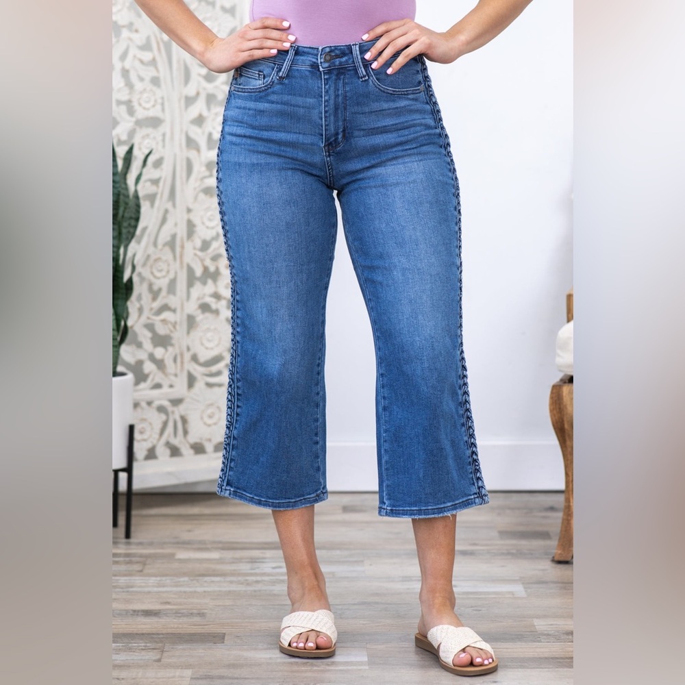 Judy Blue Braid Detail Crop Wide Leg Jeans